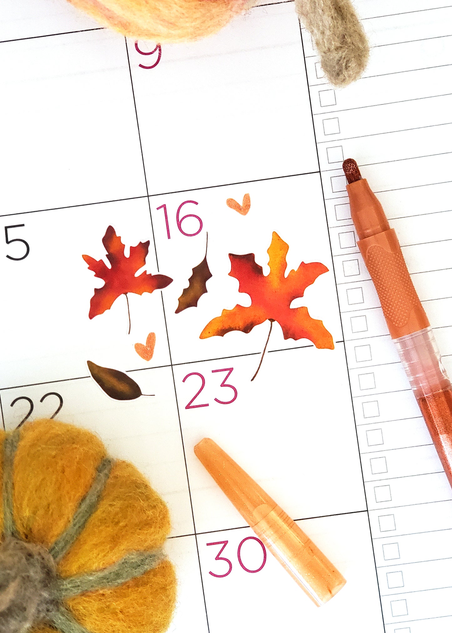 various fall leaf stickers on a planner page
