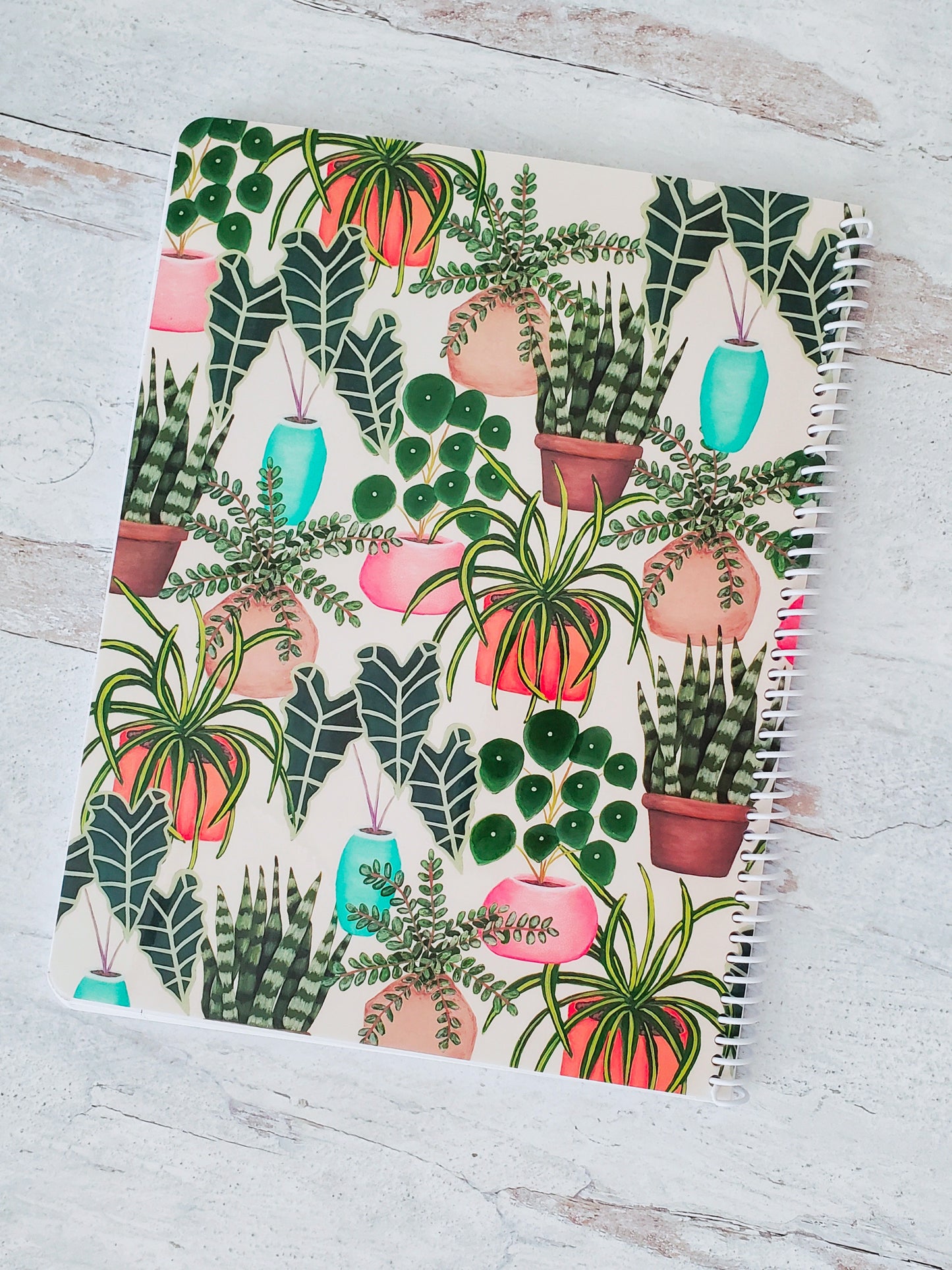 back cover of spiral notebook with potted house plants pattern