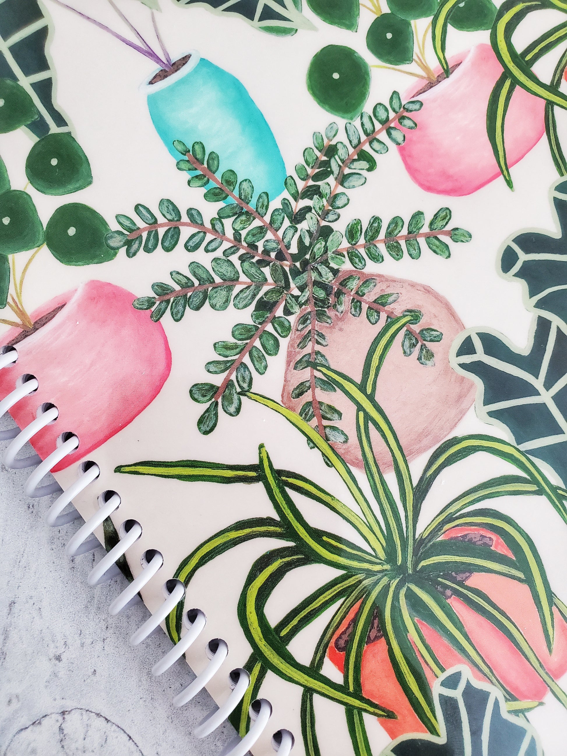 close up of illustrated house plants artwork on notebook cover