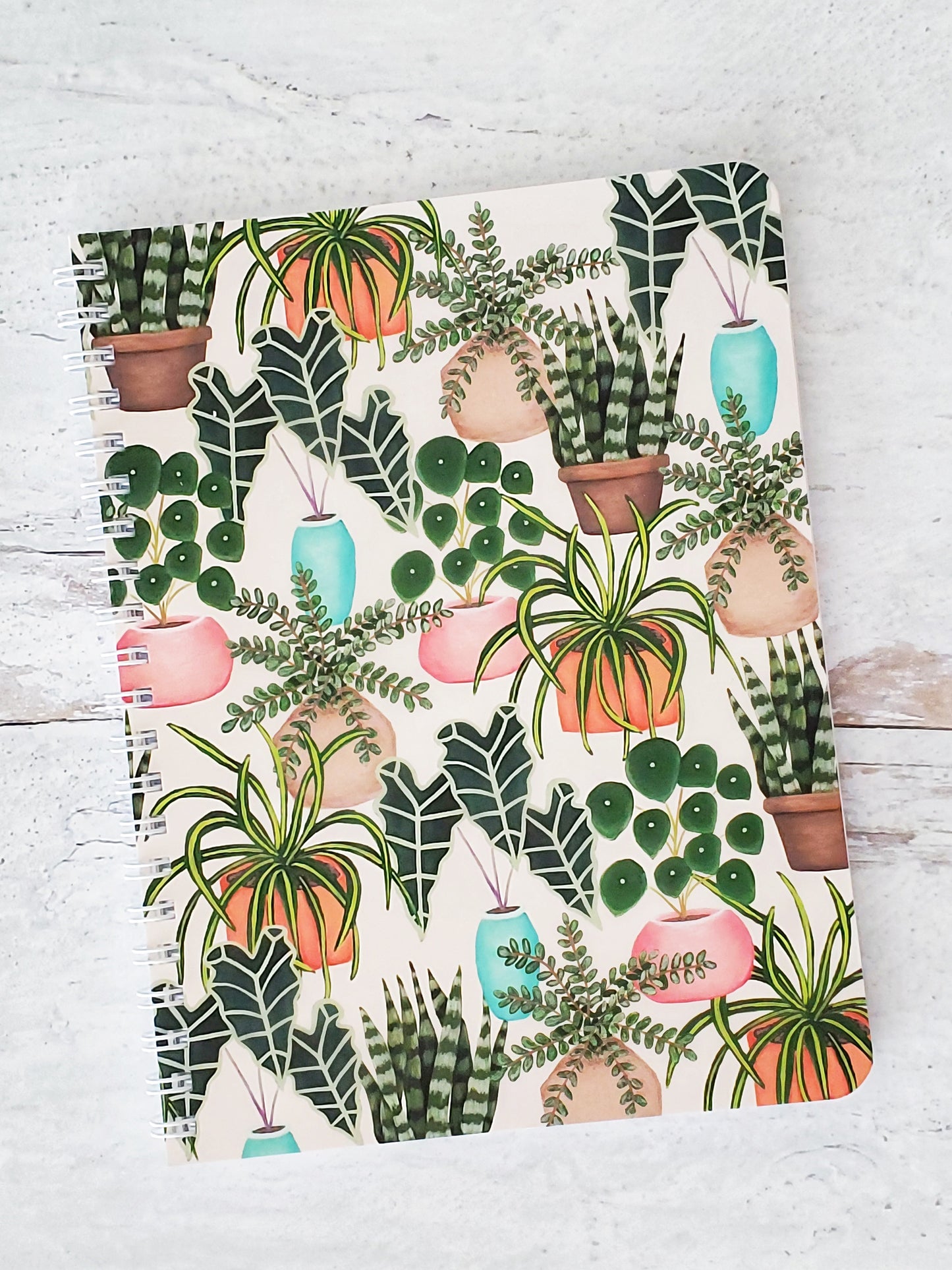 wire bound notebook with illustrated house plants pattern