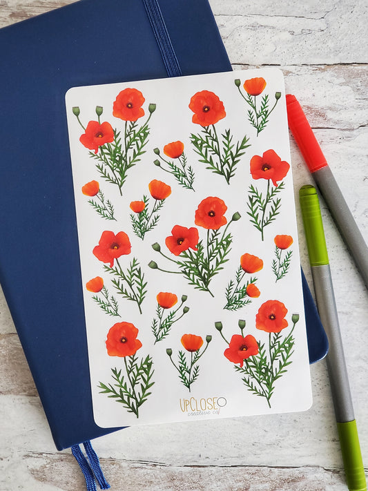 Sticker sheet with red poppies in various sizes and arrangements