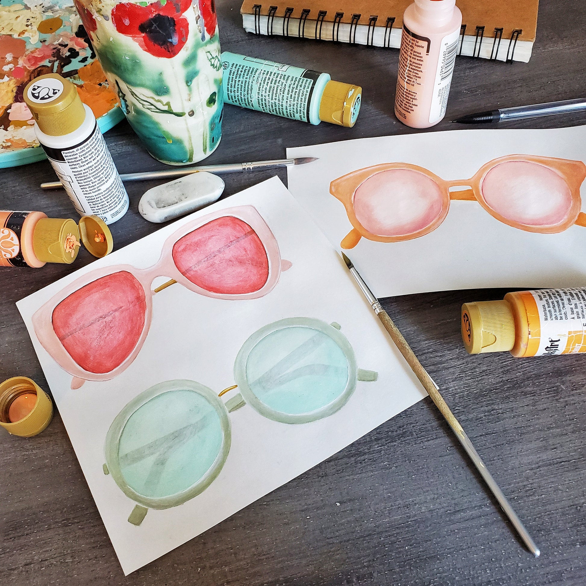 original hand painted pink blue and orange sunglasses illustrations