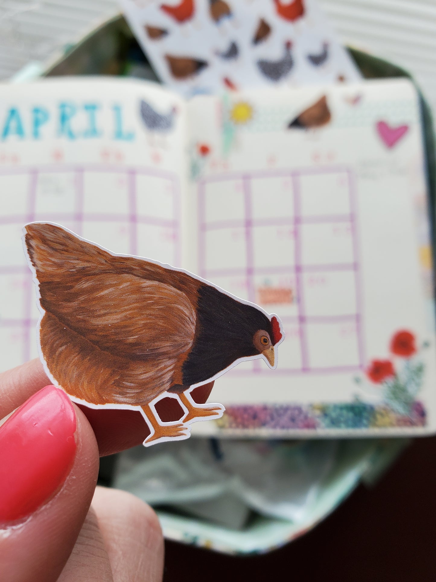 A close up of a brown chicken sticker.