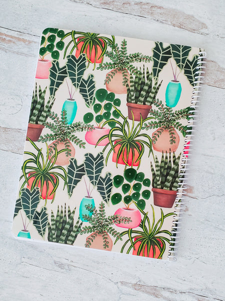 back cover of spiral notebook with potted house plants pattern 