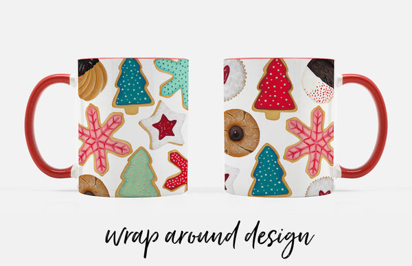 Christmas cookie pattern wraps all the way around the mug 