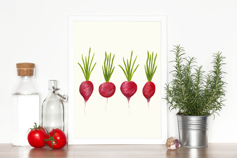radish art print styled with kitchen items