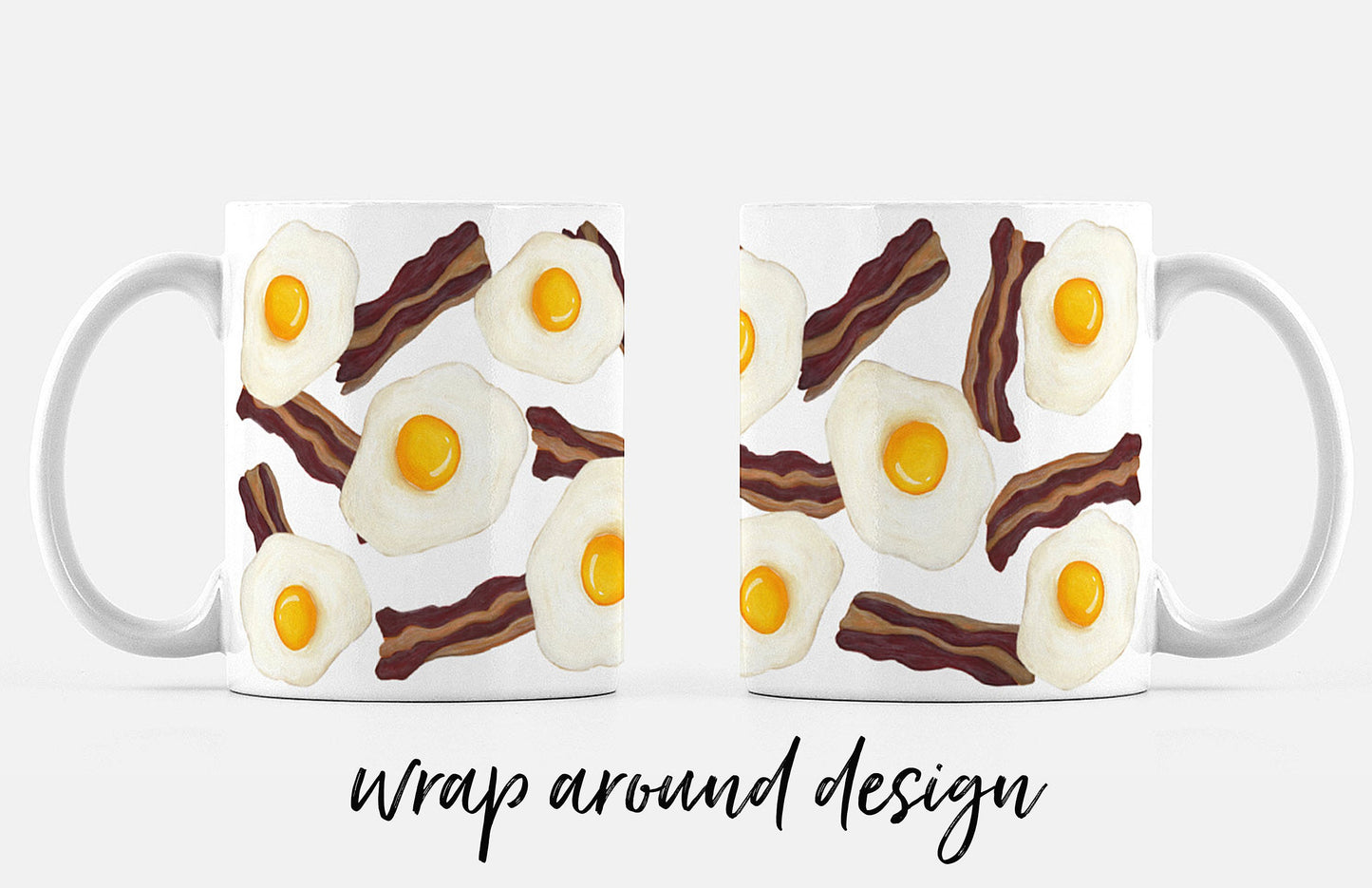 bacon and eggs pattern wraps around entire mug