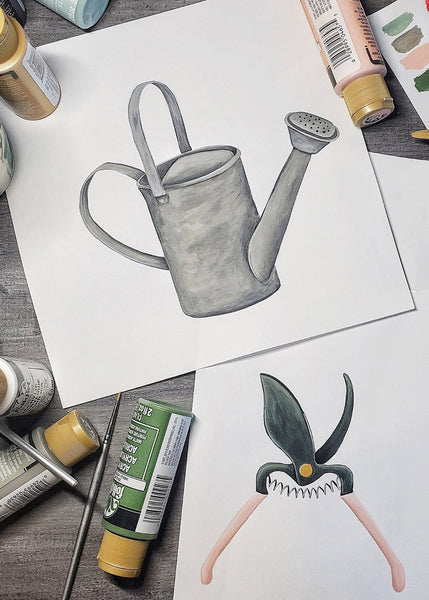 original hand painted garden tools illustrations watering can and pruning shears