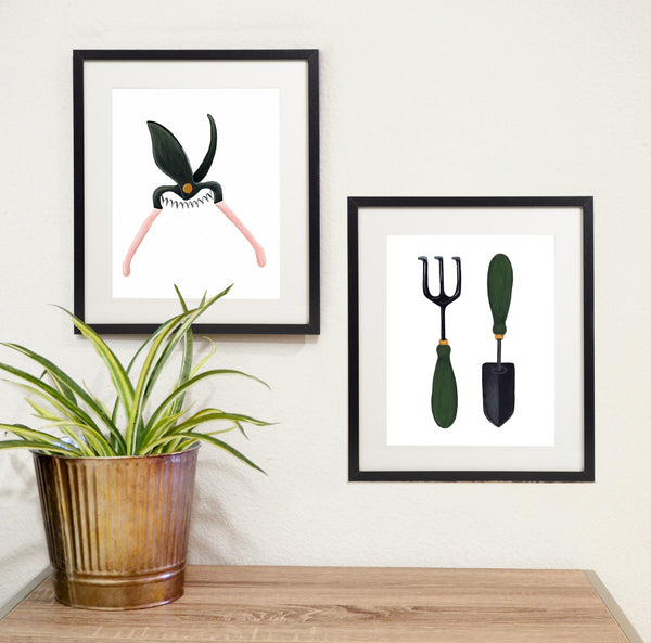 garden tools print with pruning shear print in black frames