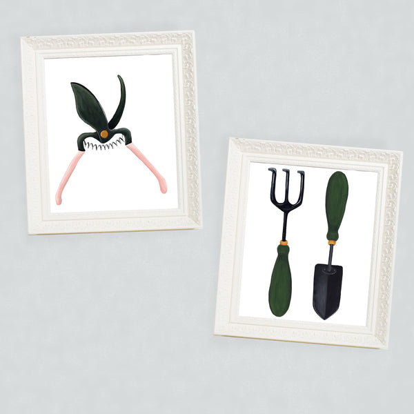 garden tools print with pruning shears print in white frames