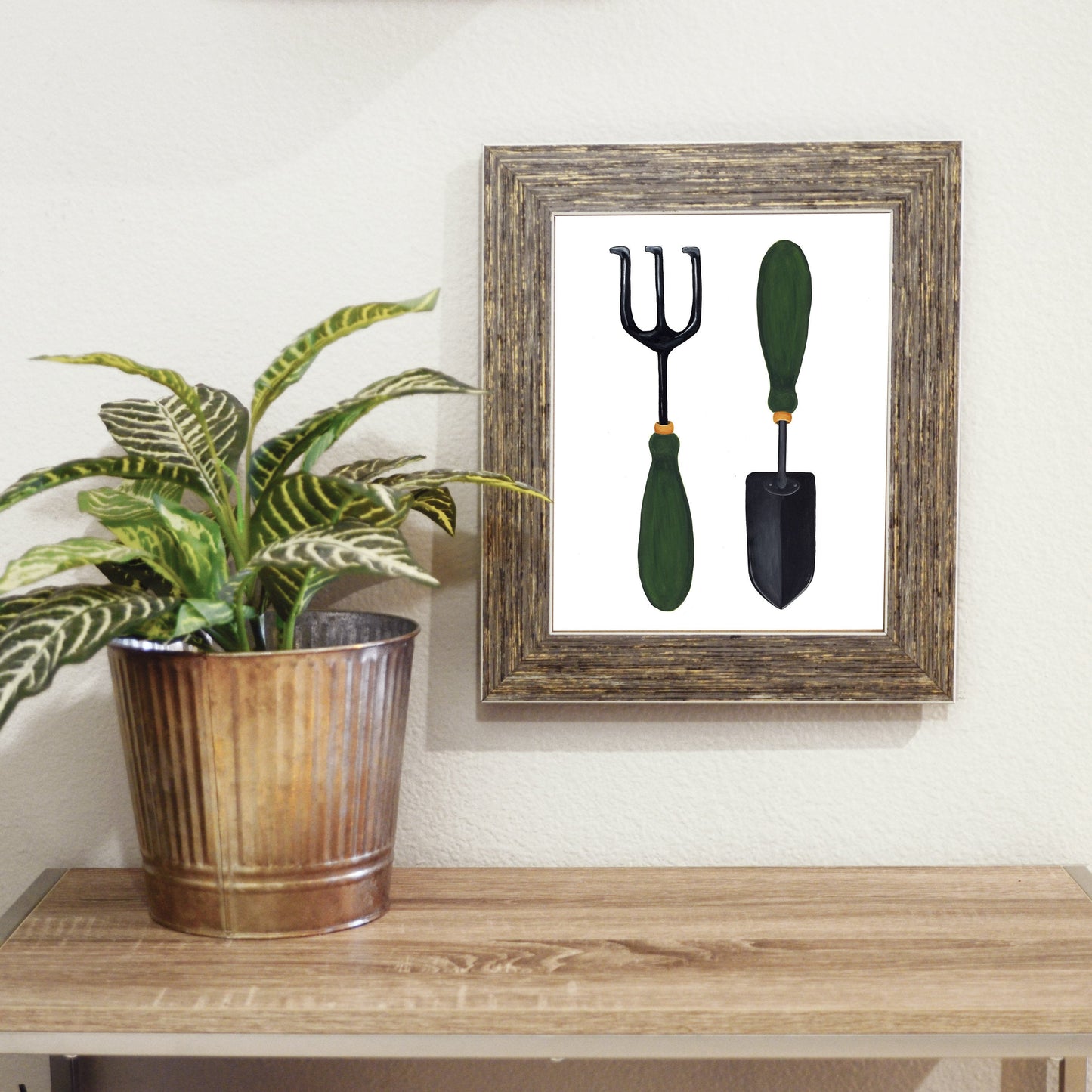 garden tools print in barnwood frame