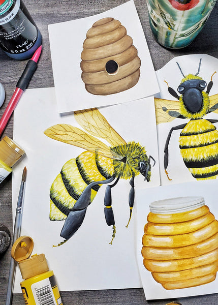 original hand painted honeybee and hive illustrations