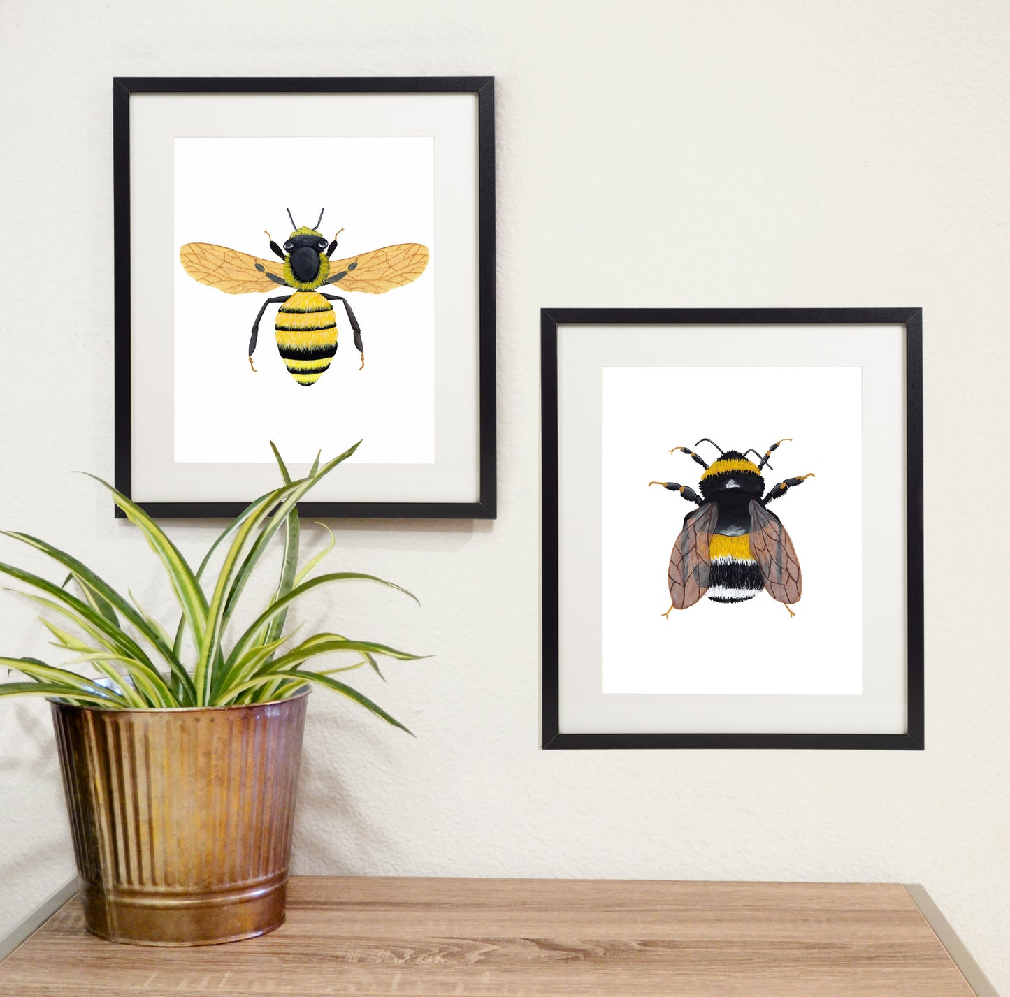 bumblebee art print with honeybee art print in black frames