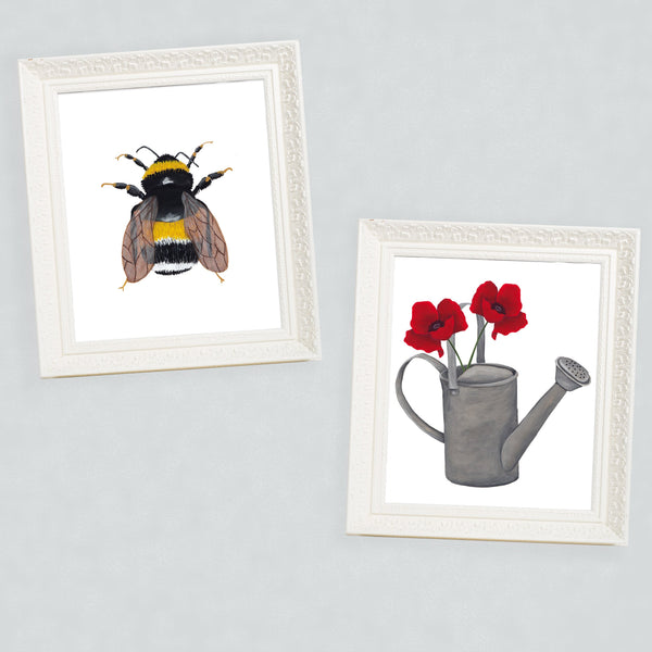 bumblebee art print with poppies in watering can art print in rustic white frames