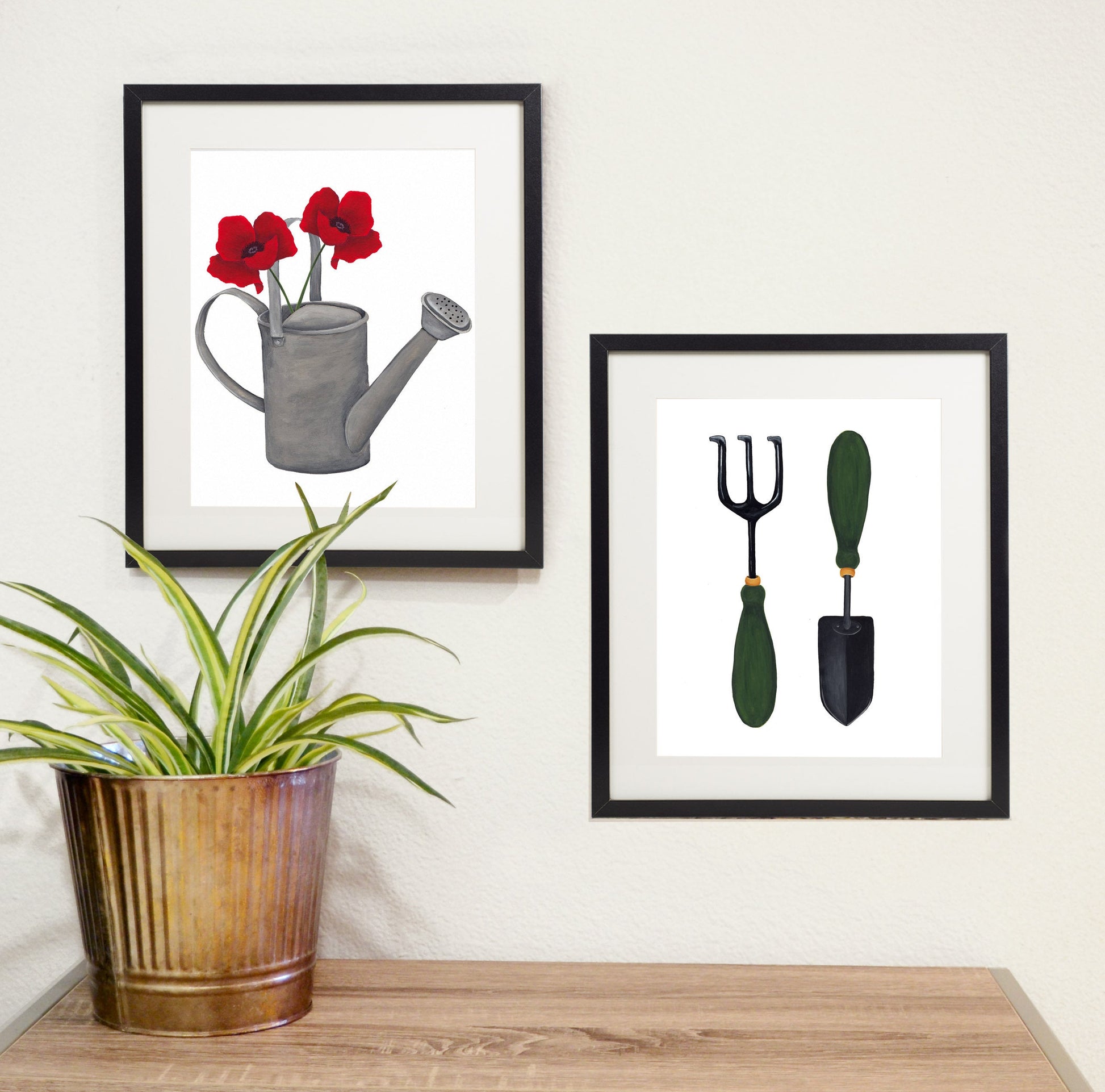 watering can print with garden tools print in black frames