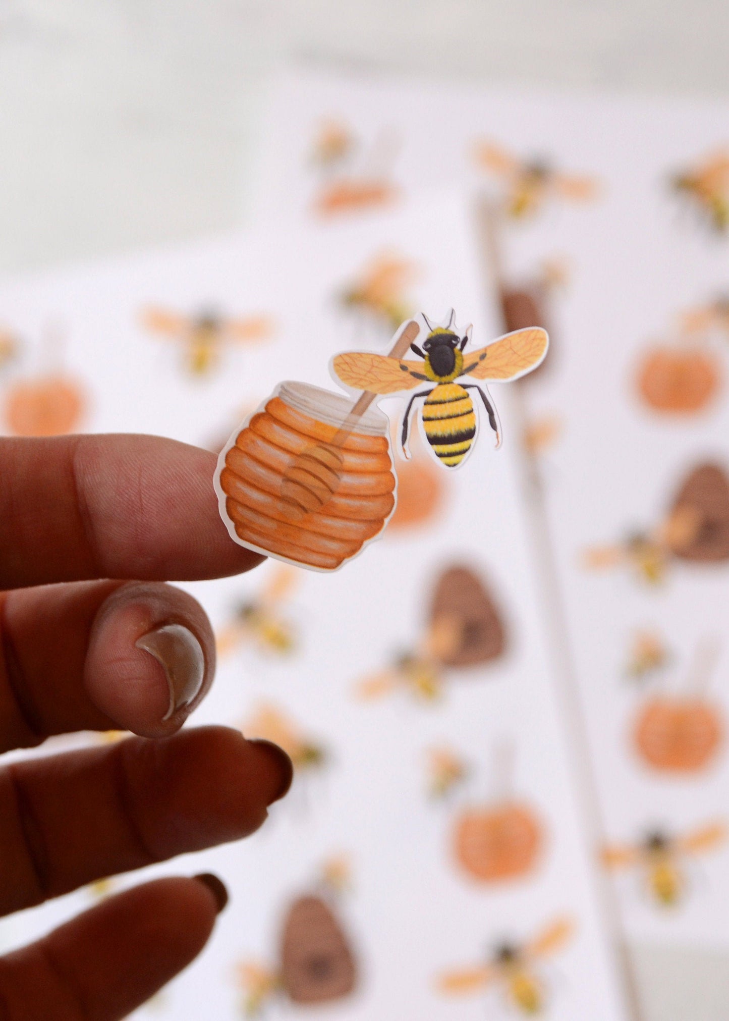 close up of honey bee with honey jar sticker
