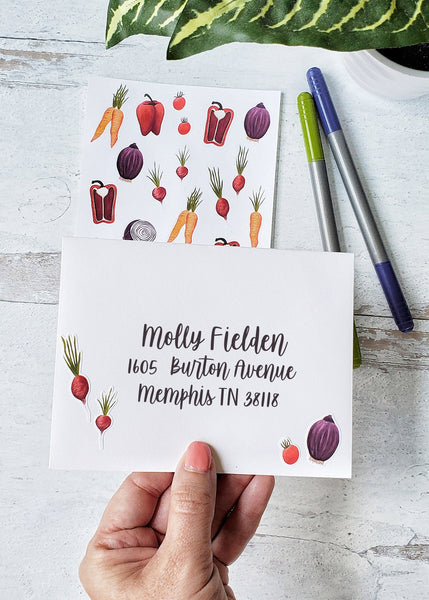 vegetable stickers on a mailing envelope