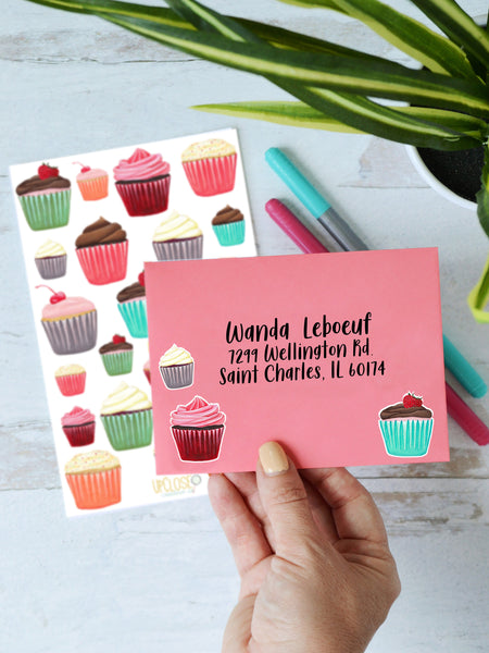 cupcake stickers on pink mailing envelope