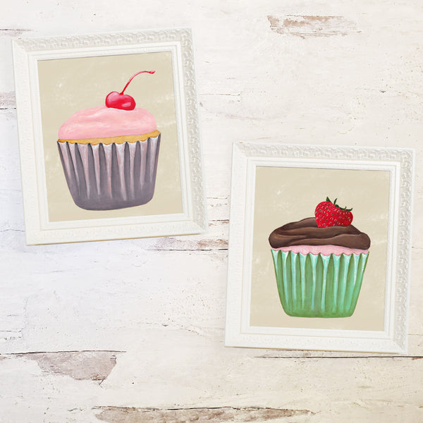 cherry cupcake print with chocolate strawberry print in rustic white frames