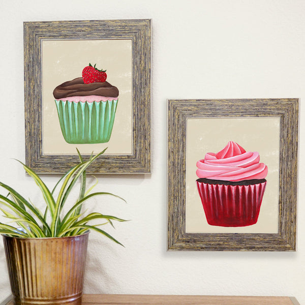 pink swirl cupcake print with strawberry cupcake print in banwood frames