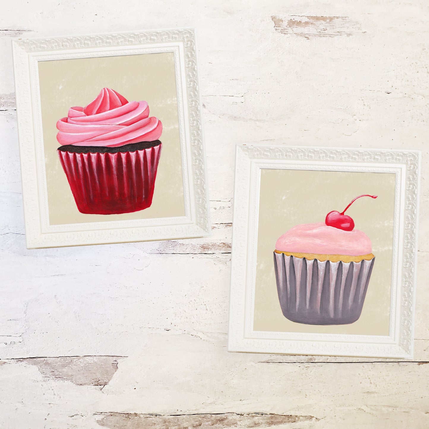 pink swirl cupcake print with cherry cupcake print in rustic white frames