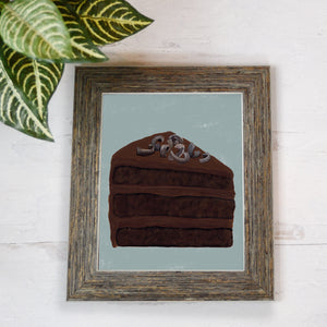 print reproduction hand painted slice of chocolate cake on blue background