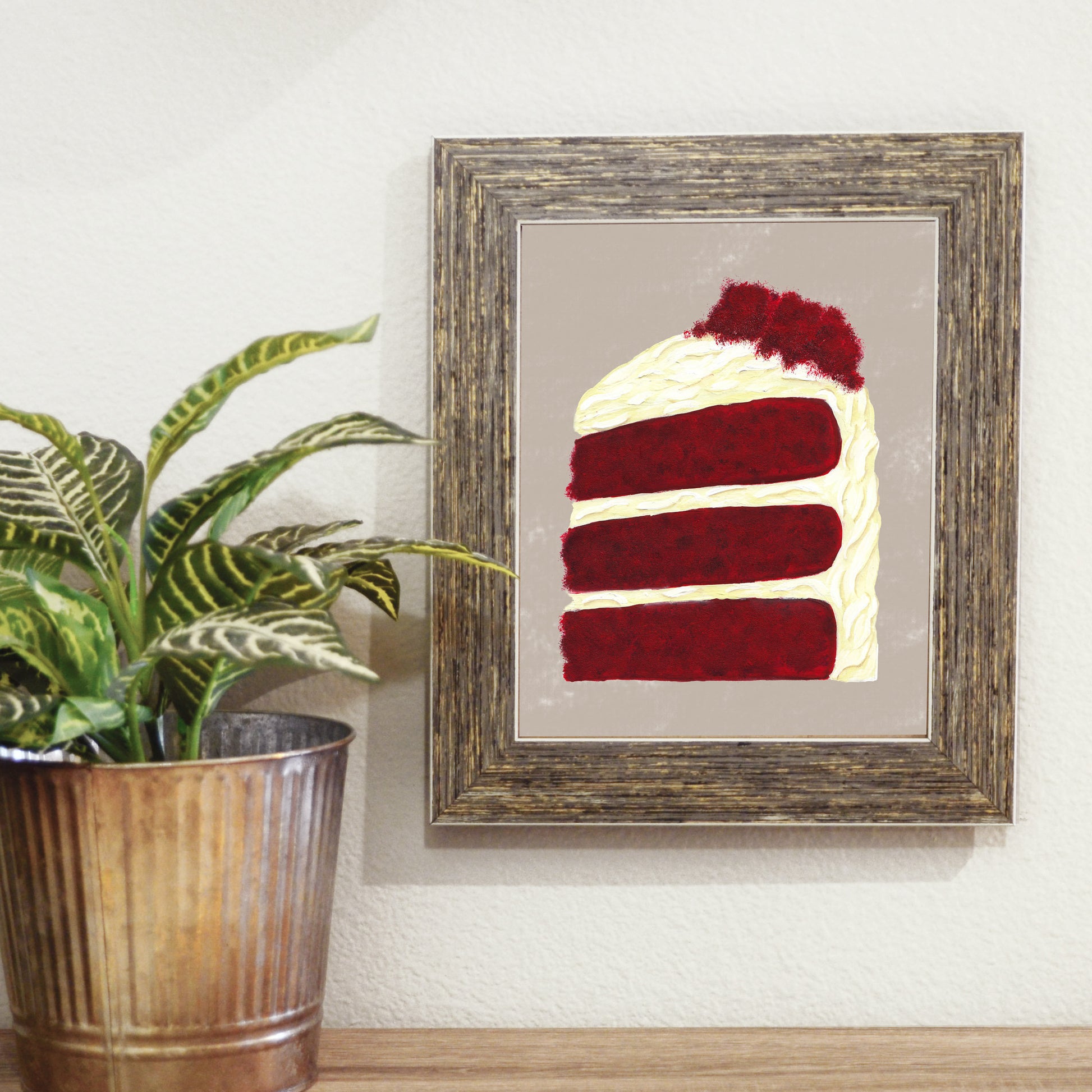 red velvet cake print in barn wood frame