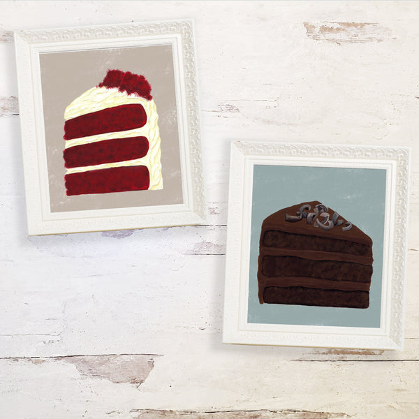red velvet cake print with chocolate cake print in rustic white frames
