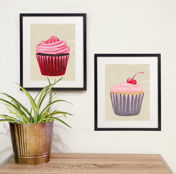 cherry cupcake print with pink swirl cupcake print in black frames