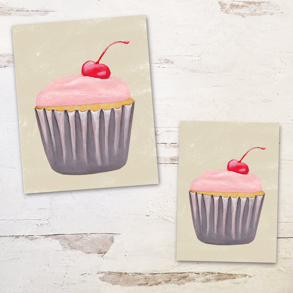 cherry cupcake print comes in sizes 5 by 7 and 8 by 10