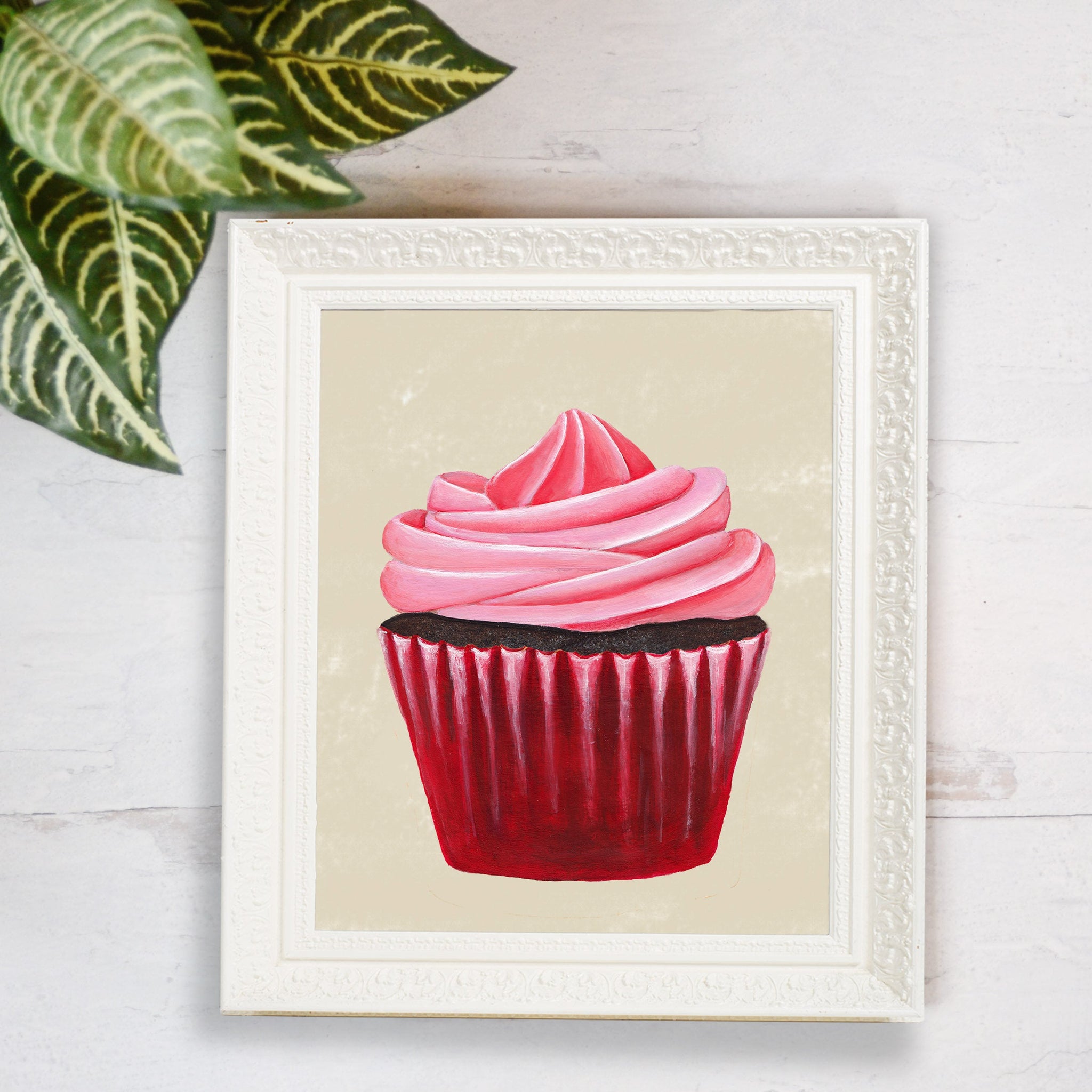 print reproduction of hand painted pink swirl frosted cupcake in red wrapper illustration