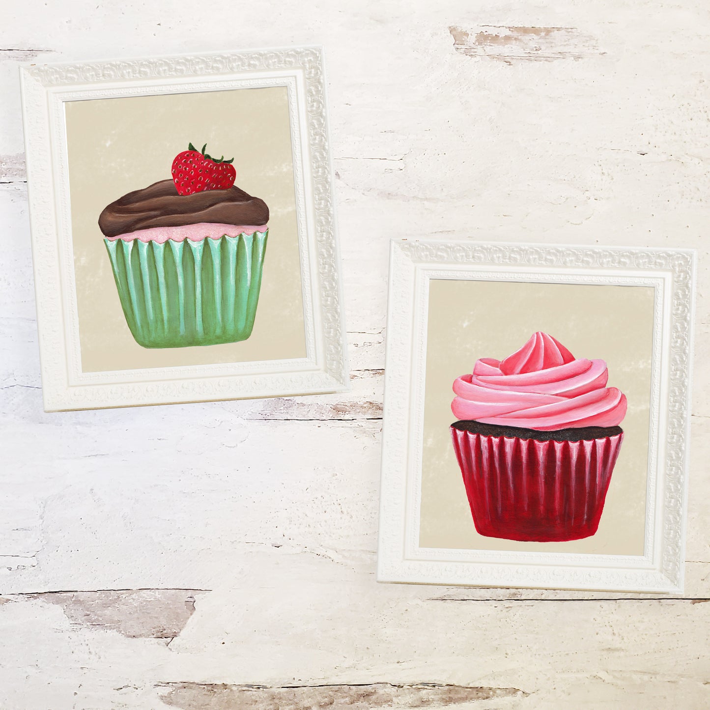 strawberry cupcake print with pink swirl cupcake print in rustic white frames