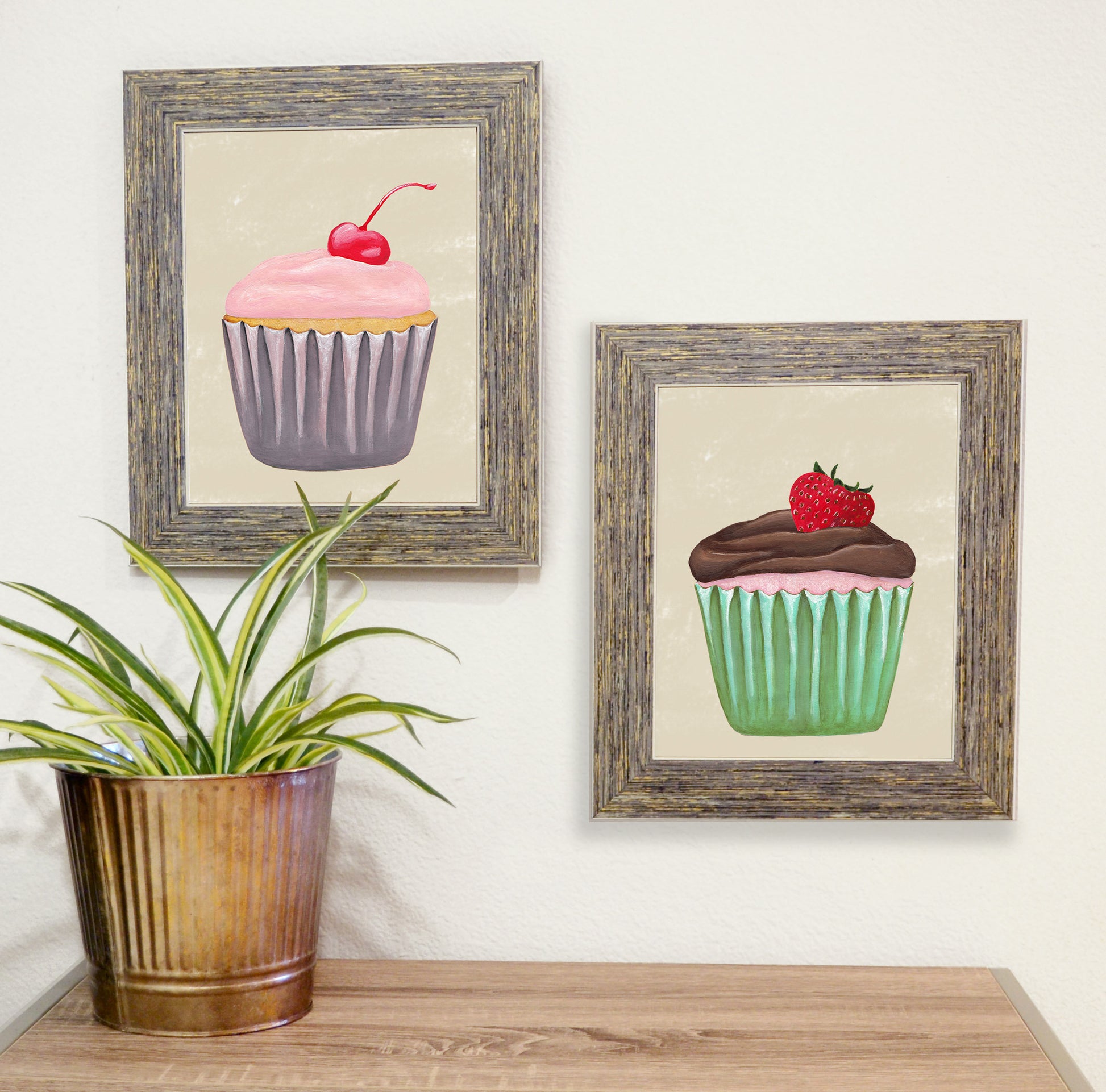 strawberry cupcake print with cherry cupcake print in barnwood frames