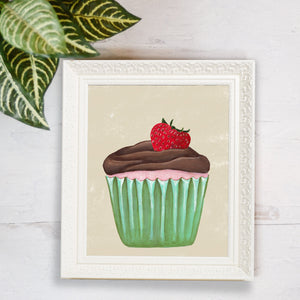 print reproduction of hand painted strawberry cupcake in green wrapper illustration