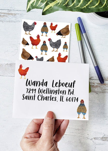 chicken stickers on a mailing envelope