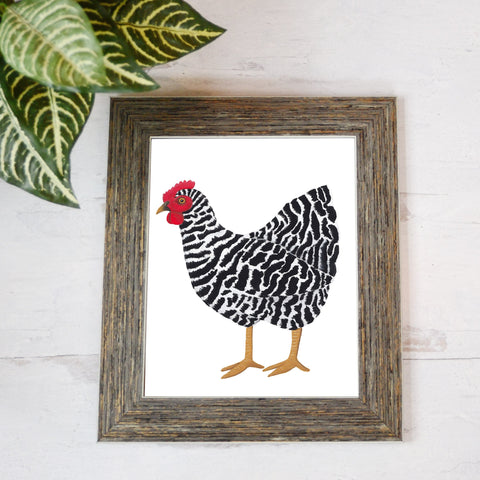 black and white chicken art print in barn wood frame