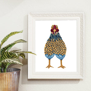 print reproduction of hand painted blue lace chicken illustration