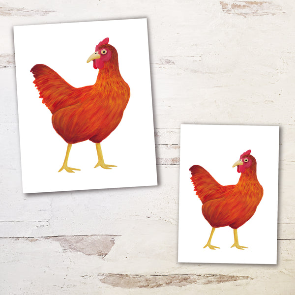 red chicken art print comes in sizes 5 by 7 and 8 x 10