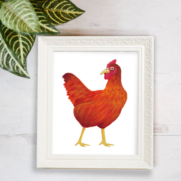 red chicken print in rustic white frame