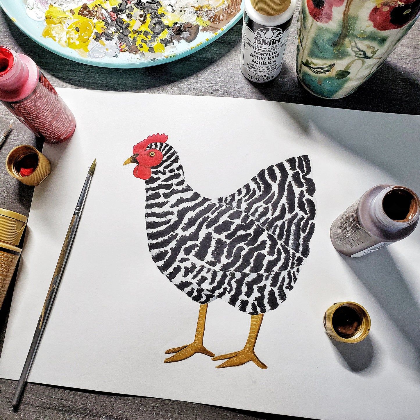 original hand painted black and white chicken illustration