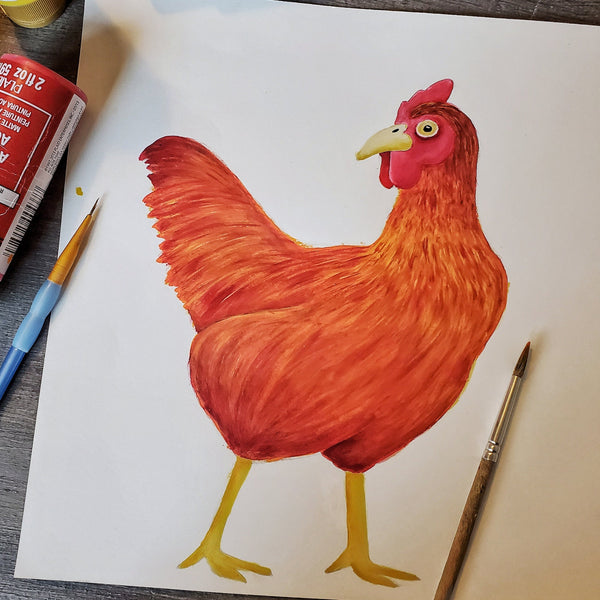 original hand painted red chicken illustration