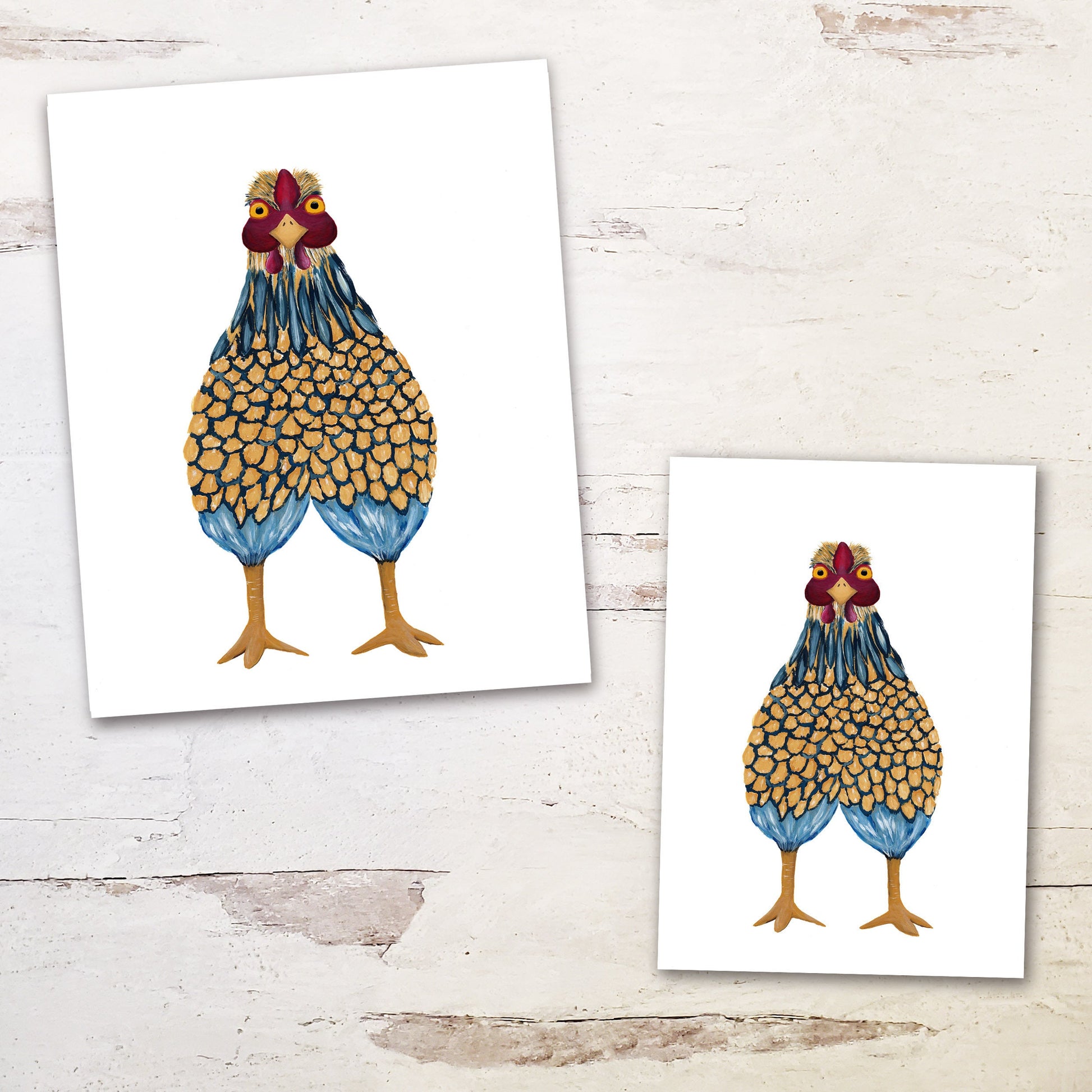 blue chicken print comes in sizes 5 by 7 and 8 by 10
