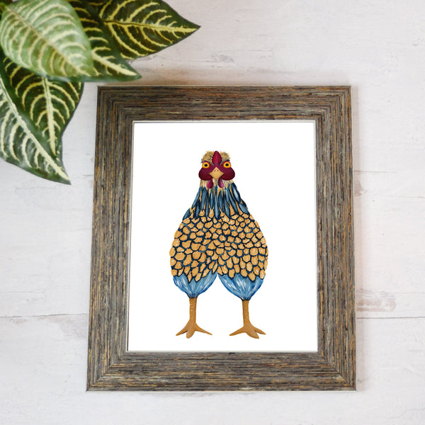 blue chicken print in barnwood frame