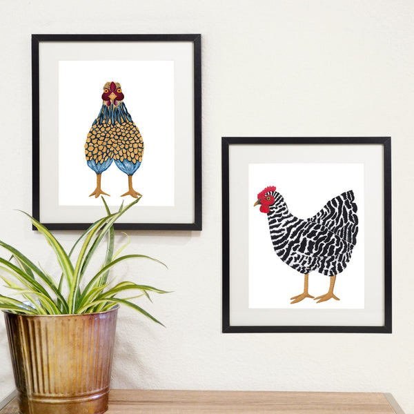 blue chicken print with black and white chicken print in black frames