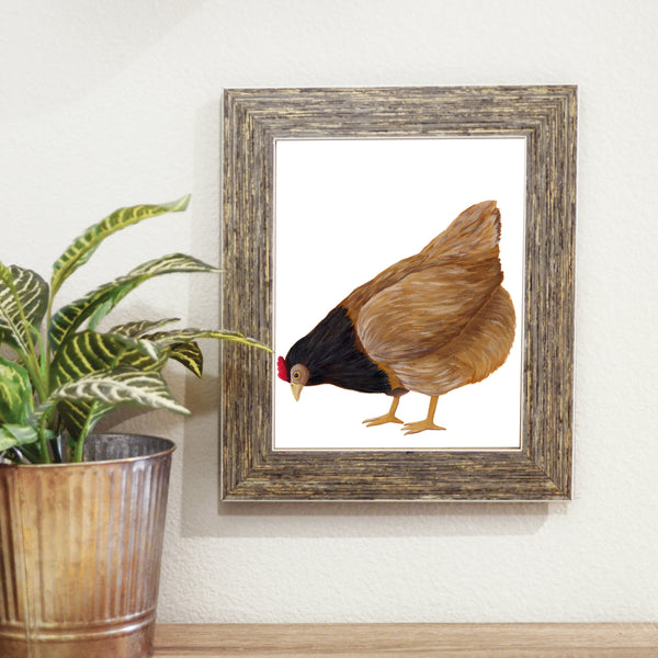 brown chicken print in barn wood frame