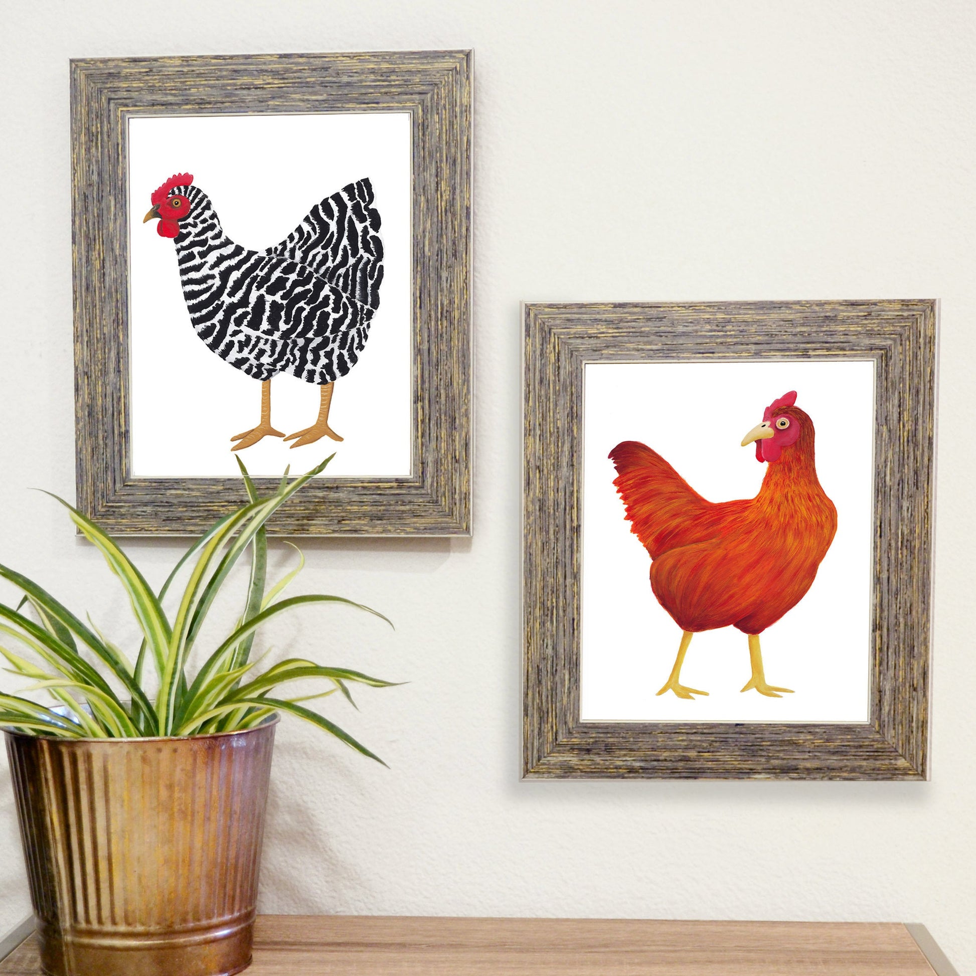 red chicken print with black and white chicken print in barn wood frames