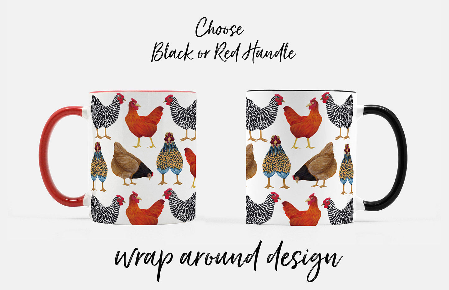 side by side of chicken mugs showing handle color options 